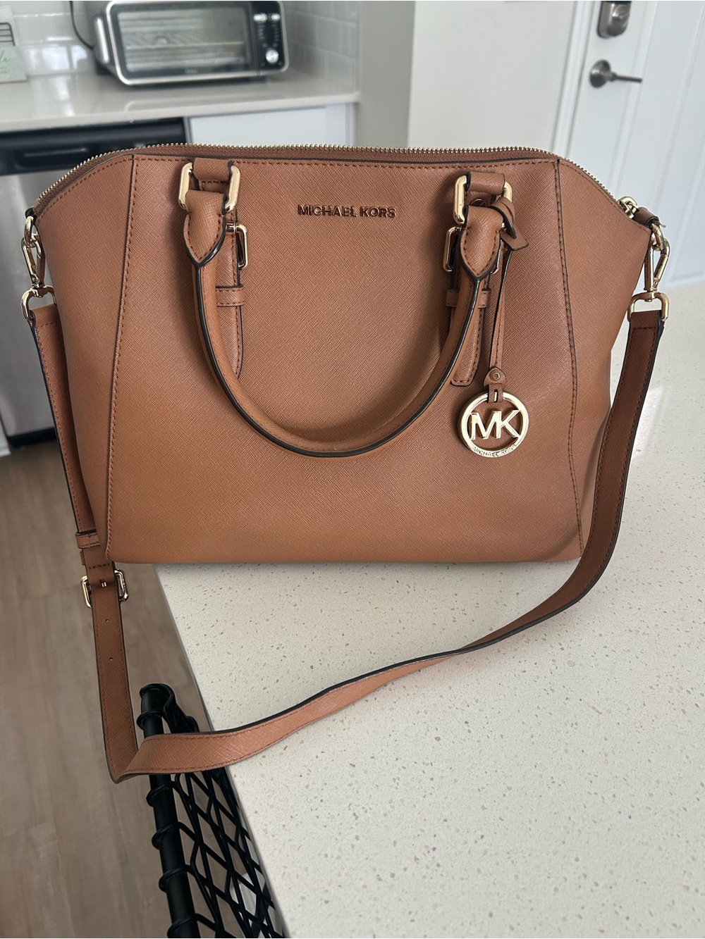 Michael Kors Brown Saffiano Leather Satchel with Gold Hardware